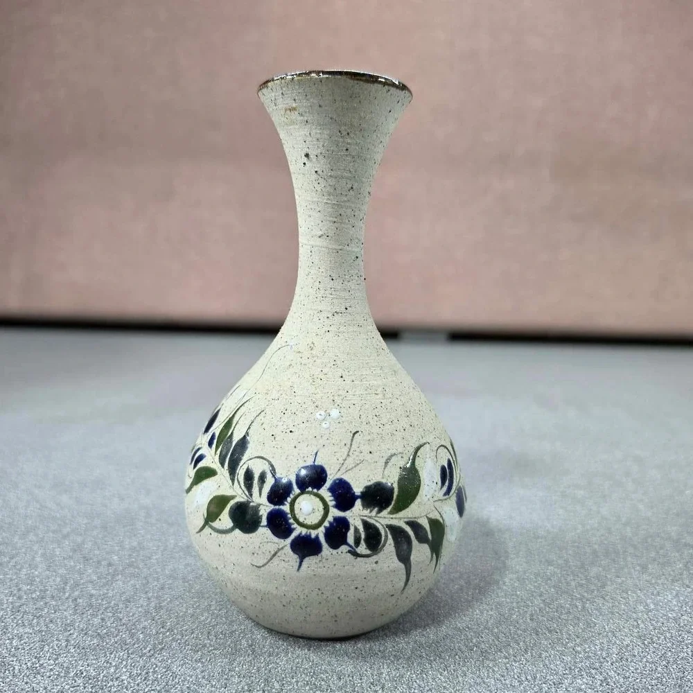 Ken Edwards Tonala Bud Vase Mexico Blue Floral Signed Pottery Excellent
